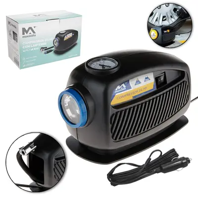 MINI COMPRESSOR AR AUTOMOTIVO 12V/18 BAR COM LANTERNA + CALIBRADOR E 3 BICOS MAXMIDIA