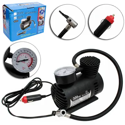 MINI COMPRESSOR DE AR AUTOMOTIVO 12V COM CALIBRADOR + 3 BICOS 300PSI DE PRESSAO