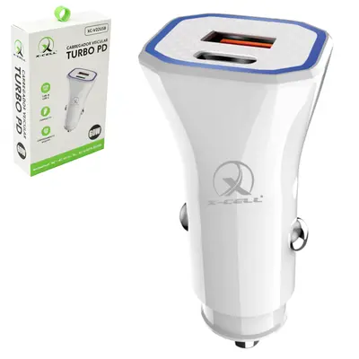 CARREGADOR VEICULAR TURBO PD 60W COM 2 SAIDAS USB E 1 TIPO C X-CELL