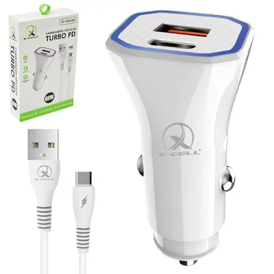 CARREGADOR VEICULAR TURBO PD 60W COM SAIDAS USB E 1 TIPO C + CABO TIPO C 90CM X-CELL
