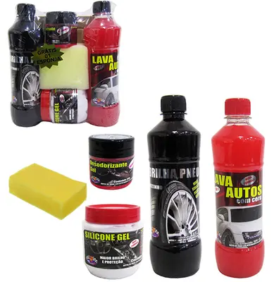 KIT LAVA AUTOS 4 EM 1 COM LAVA AUTOS / PRETINHO / SILICONE / DESODORIZANTE + ESPONJA