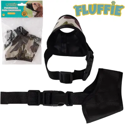 FOCINHEIRA PARA CACHORRO DE POLIESTER CAMUFLADA / PRETA COM FECHO FLUFFIE 8,5X7CM