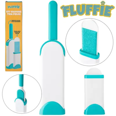 ESCOVA PAPA BOLINHA / TIRA PELO PARA CACHORRO E GATO 2 PECAS 31/22CM 2 DEPOSITOS FLUFFIE