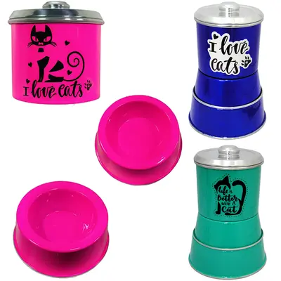 POTE PORTA RACAO COM COMEDOURO / BEBEDOURO DE ALUMINIO 3 PECAS