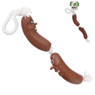 BRINQUEDO PARA CACHORRO SALSICHA MALUCA DE PVC COM CORDA 37CM