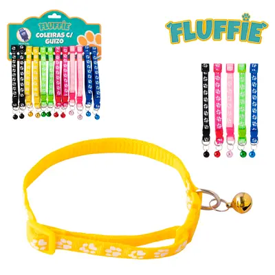 COLEIRA DE POLIESTER PARA CACHORRO COM FECHO E GUIZO FLUFFIE COM 12 PECAS 34X1CM