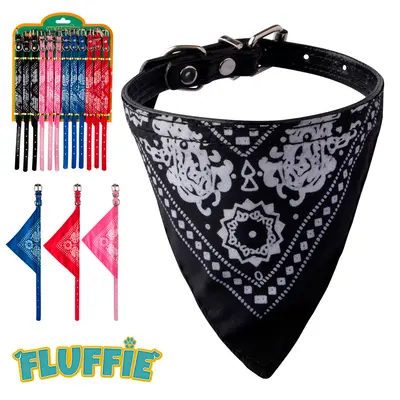 COLEIRA DE PU PARA CACHORRO COM BANDANA DE TECIDO ESTAMPADA FLUFFIE COM 12 PECAS 31,5X1CM