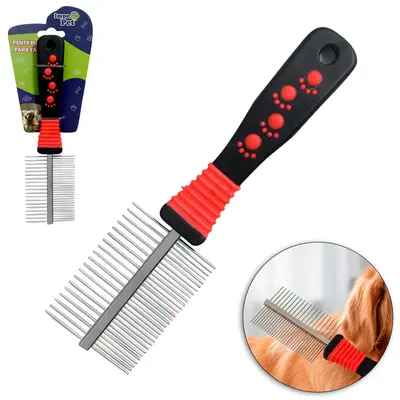 PENTE DE METAL DESEMBOLADOR DUPLO PARA CACHORRO E GATO CABO PLASTICO 20CM IMPO PET