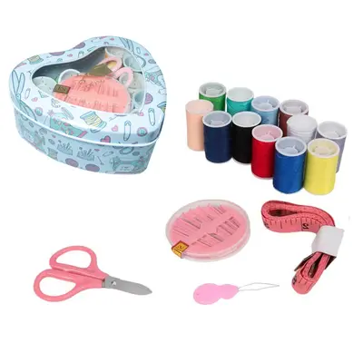 KIT COSTURA NO ESTOJO CORACAO DE LATA COM 10 AGULHAS + 12 LINHAS E ACESSORIOS 26 PECAS