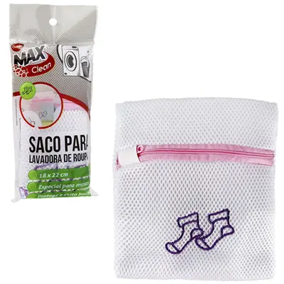 SACO PARA LAVAR ROUPA MEIAS BORDADO COM ZIPER MAX CLEAN 22X18CM