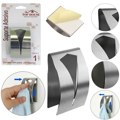 CABIDE PORTA TOALHA DE ROSTO DE INOX RETANGULAR AUTOADESIVO 8X5CM