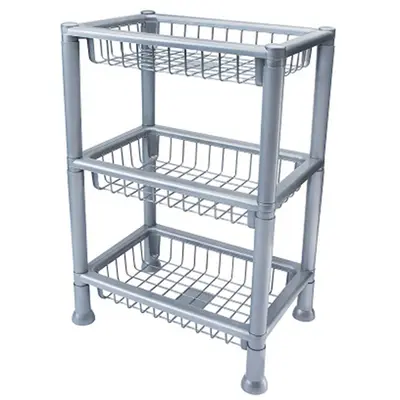 FRUTEIRA DE PISO DE PLASTICO RETANGULAR CINZA / PRATA 3 ANDARES 68X38X26CM