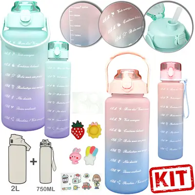 GARRAFA SQUEEZE DE PLASTICO AS EMBORRACHADO MOTIVACIONAL COM CANUDO KIT COM 2 PECAS (2L+750ML)