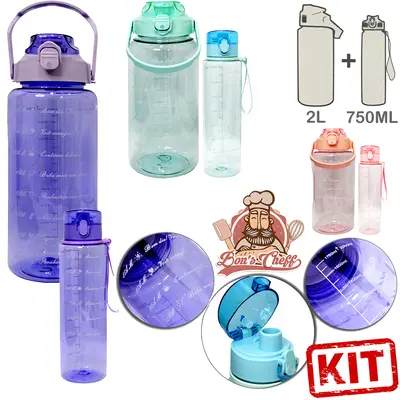 GARRAFA SQUEEZE DE PLASTICO AS MOTIVACIONAL COM CANUDO KIT COM 2 PECAS (2L+750ML) BONS CHEFF