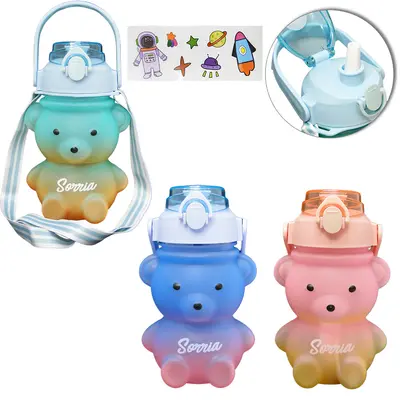 GARRAFA SQUEEZE DE PLASTICO AS EMBORRACHADO URSO SORRIA COM ADESIVO + BOTAO E TRAVA 1 L