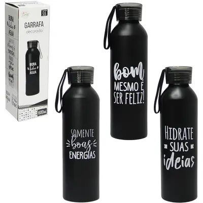 GARRAFA SQUEEZE DE INOX PRETA FRASES COM TAMPA 600ML