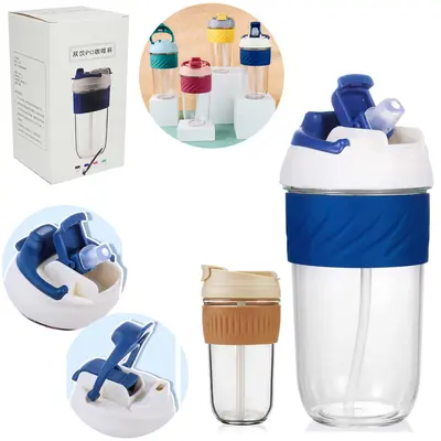 GARRAFA SQUEEZE DE PLASTICO AS COM 2 BICOS + CANUDO 420ML