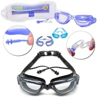 OCULOS DE NATACAO COM PROTETOR DE OUVIDO + ESTOJO COM TRAVA SUN WAY COLORS 16X4CM