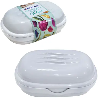 SABONETEIRA DE PIA DE PLASTICO OVAL TULIPA BRANCA COM TAMPA 11X7,5X4CM