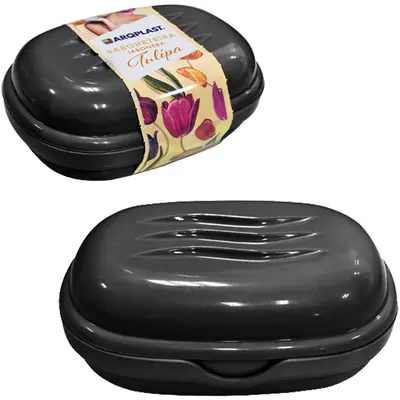 SABONETEIRA DE PIA DE PLASTICO OVAL TULIPA PRETA COM TAMPA 11X7,5X4CM