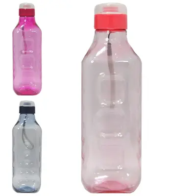 GARRAFA SQUEEZE DE PLASTICO PET QUADRADA COM TAMPA E ALCA TRANSCOLOR 1100ML