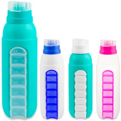 GARRAFA SQUEEZE DE PLASTICO PP COM PORTA COMPRIMIDOS + TAMPA COLORS 730ML