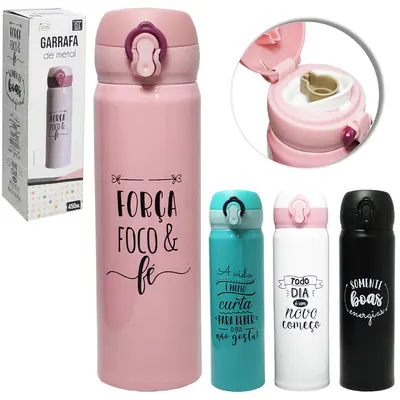 GARRAFA TERMICA DE INOX FRASES SORTIDAS COM BOTAO + TRAVA 450ML