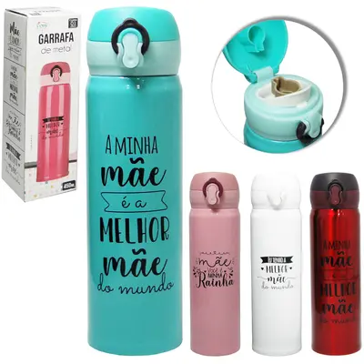 GARRAFA SQUEEZE DE ALUMINIO FRASES MAES COM BOTAO + TRAVA 450ML