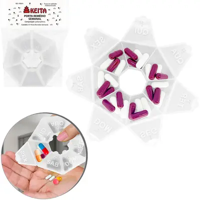 PORTA COMPRIMIDO DE PLASTICO HEPTAGONO SEMANAL COM 7 COMPARTIMENTOS 2,5X10CM DE Ø