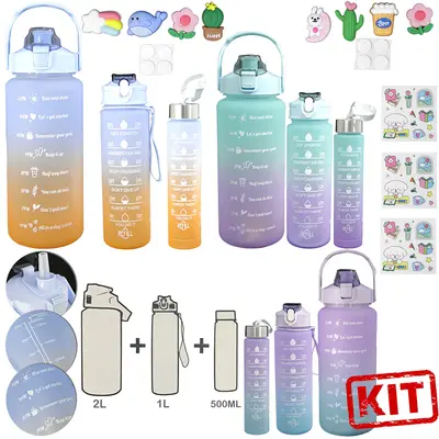 GARRAFA SQUEEZE DE PLASTICO AS EMBORRACHADO MOTIVACIONAL COM CANUDO + ADESIVO 3 PECAS
