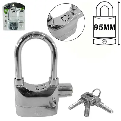 CADEADO 95MM HASTE LONGA COM ALARME + 3 CHAVES A BATERIA