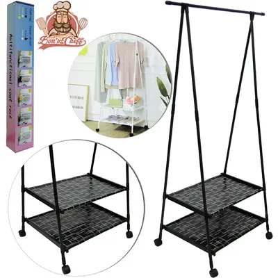 CABIDEIRO DE PISO ACO / PLASTICO ARARA COM 2 PRATELEIRAS + BASE RODIZIO 145X77X75CM
