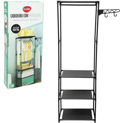 CABIDEIRO DE PISO METAL / PLASTICO ARARA COM 3 PRATELEIRAS + 2 GANCHOS 170X54X35CM