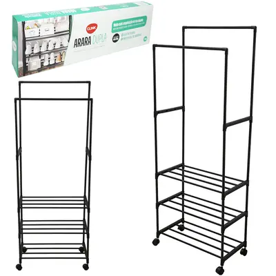 CABIDEIRO DE PISO METAL / PLASTICO ARARA DUPLA 3 PRATELEIRAS + BASE RODIZIO 154X57X30CM