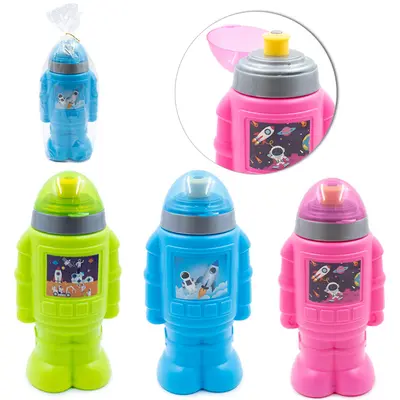 GARRAFA SQUEEZE DE PLASTICO ROBO ASTRONAUTA COM TAMPA E ALCA + MOSQUETAO 650ML