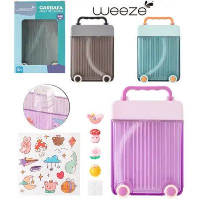 GARRAFA SQUEEZE DE PLASTICO AS MALA VIAGEM COM CANUDO + ACESSORIOS 450ML