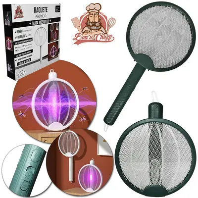 RAQUETE MATA MOSQUITO REDONDA RECARREGAVEL DOBRAVEL COM LAMPADA UV BIVOLT 49X23CM