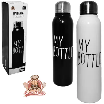 GARRAFA SQUEEZE DE ALUMINIO MY BOTTLE BLACK/WHITE COM TAMPA 500ML BONS CHEFF