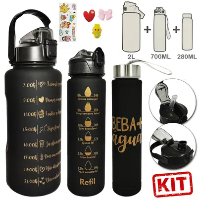 GARRAFA SQUEEZE DE PLASTICO EMBORRACHADO PRETA MOTIVACIONAL KIT 3 PECAS 2L+700ML+280ML