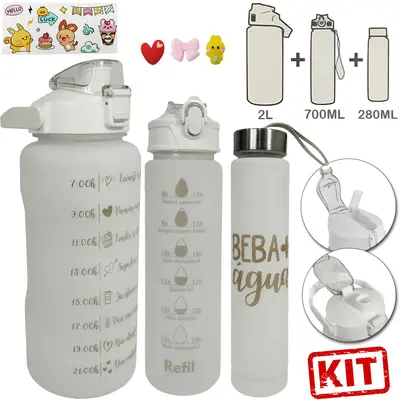 GARRAFA SQUEEZE DE PLASTICO EMBORRACHADO BRANCA MOTIVACIONAL KIT 3 PECAS 2L + 700ML + 280ML