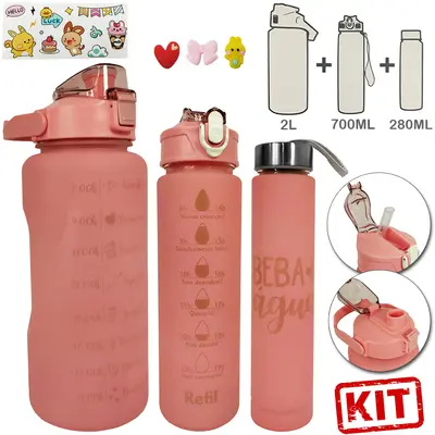 GARRAFA SQUEEZE DE PLASTICO EMBORRACHADO ROSA MOTIVACIONAL KIT 3 PECAS 2L+700ML+280ML