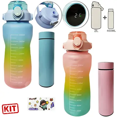 GARRAFA SQUEEZE DE PLASTICO MOTIVACIONAL 2L + GARRAFA TERMICA DE INOX COM TERMOMETRO 450ML