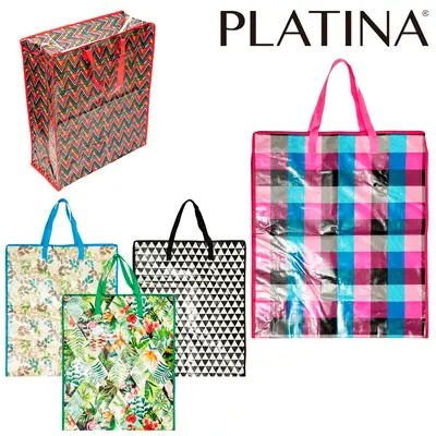 SACOLA DE COMPRAS DE NYLON REUTILIZAVEL COM ZIPER ESTAMPADA PLATINA 64,5X54,5X24,5CM