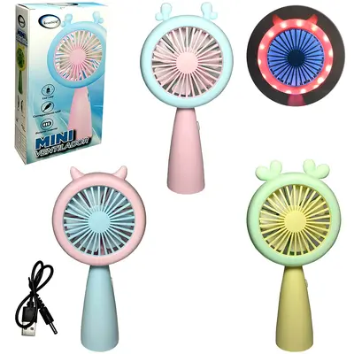 MINI VENTILADOR DE MAO / MESA PORTATIL RECARREGAVEL 5V COM 2 VELOCIDADES + LUZ E CABO USB 19X9,2X3,5CM