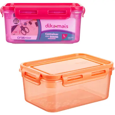 ORGANIZADOR CONTAINER DE PLASTICO RETANGULAR DIKAMAIS COM TAMPA + TRAVA TRANSCOLOR 1L