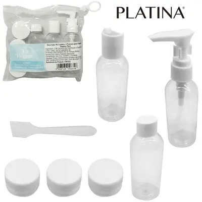 KIT FRASCO DE PLASTICO PARA VIAGEM + MINI POTE PORTA CREME E ESPATULA 7 PECAS NA BOLSA