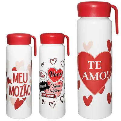 GARRAFA SQUEEZE DE ALUMINIO CORACAO COM TAMPA + ALCA DE SILICONE 600ML