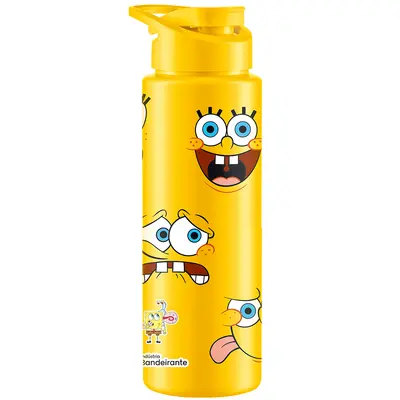 GARRAFA SQUEEZE DE PLASTICO PET SPORT AMARELO BOB ESPONJA CARAS PARAMO COM TAMPA + ALCA 750ML