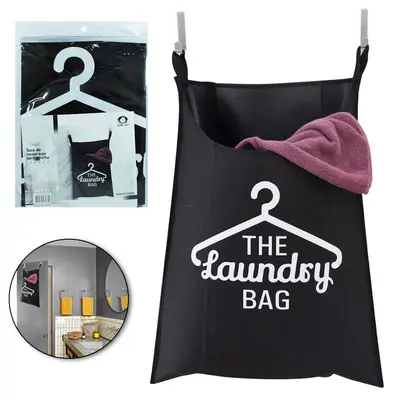 SACO DE POLIESTER PRETO PARA ROUPA SUJA COM 2 CABIDE GANCHO DE METAL QUADRADO AUTOADESIVO 72X47CM