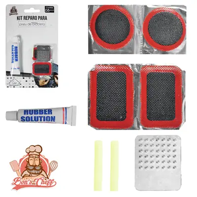 KIT REPARO PARA PNEU DE BICICLETA COM COLA + LIXA E ACESSORIOS 8 PECAS NA CARTELA